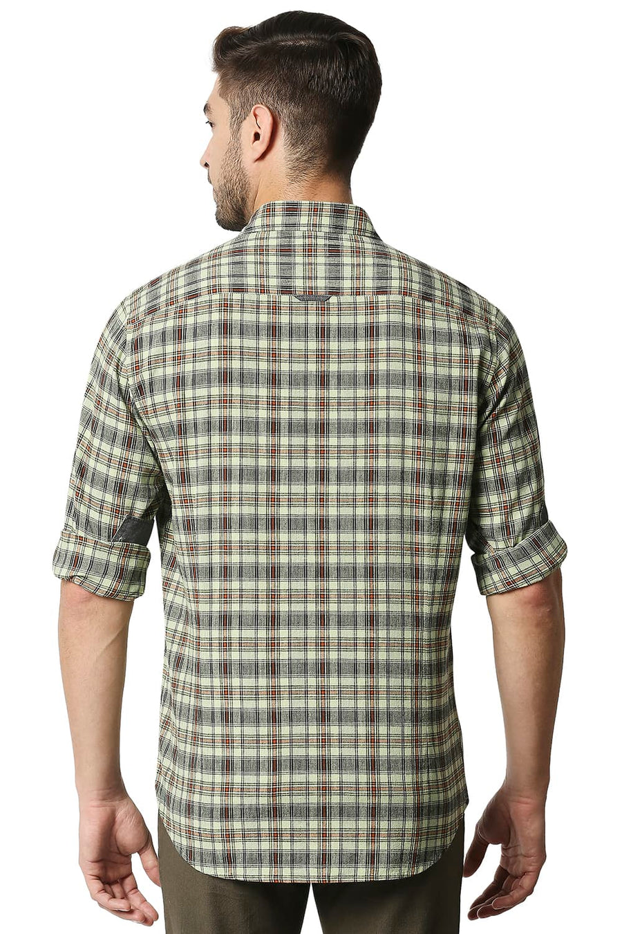 BASICS SLIM FIT SEED LING GREEN COTTON JUTE CHECKS SHIRT