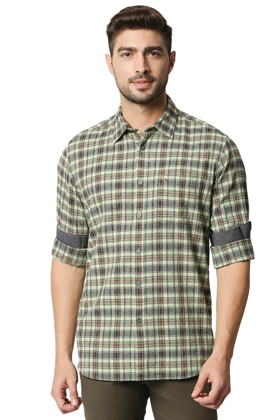 BASICS SLIM FIT SEED LING GREEN COTTON JUTE CHECKS SHIRT