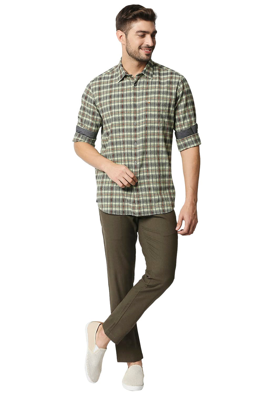 BASICS SLIM FIT SEED LING GREEN COTTON JUTE CHECKS SHIRT