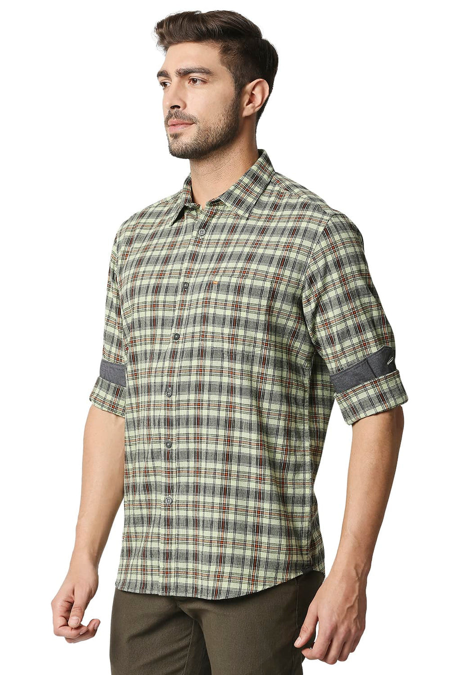 BASICS SLIM FIT SEED LING GREEN COTTON JUTE CHECKS SHIRT
