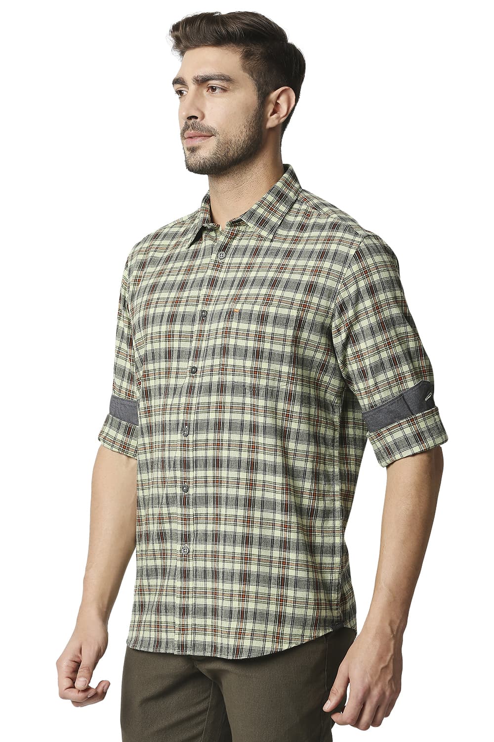 BASICS SLIM FIT COTTON JUTE CHECKS SHIRT