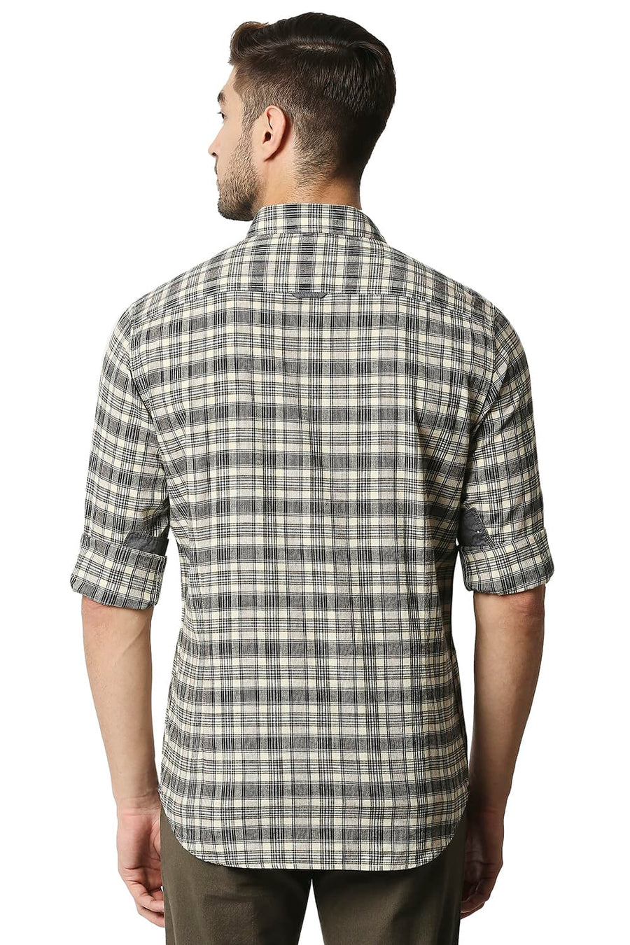 BASICS SLIM FIT BEIGE AFTERGLOW COTTON JUTE CHECKS SHIRT