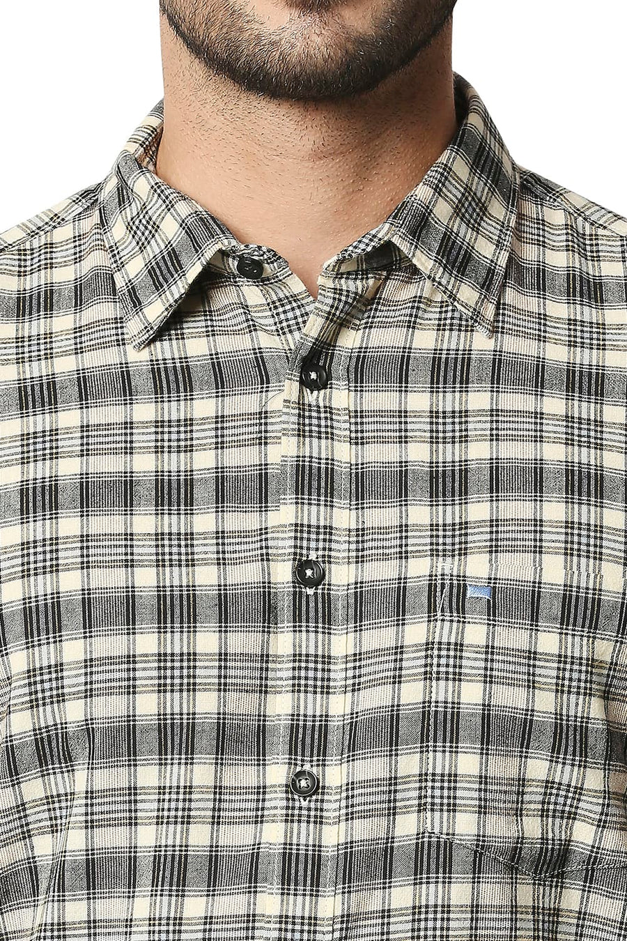 BASICS SLIM FIT BEIGE AFTERGLOW COTTON JUTE CHECKS SHIRT