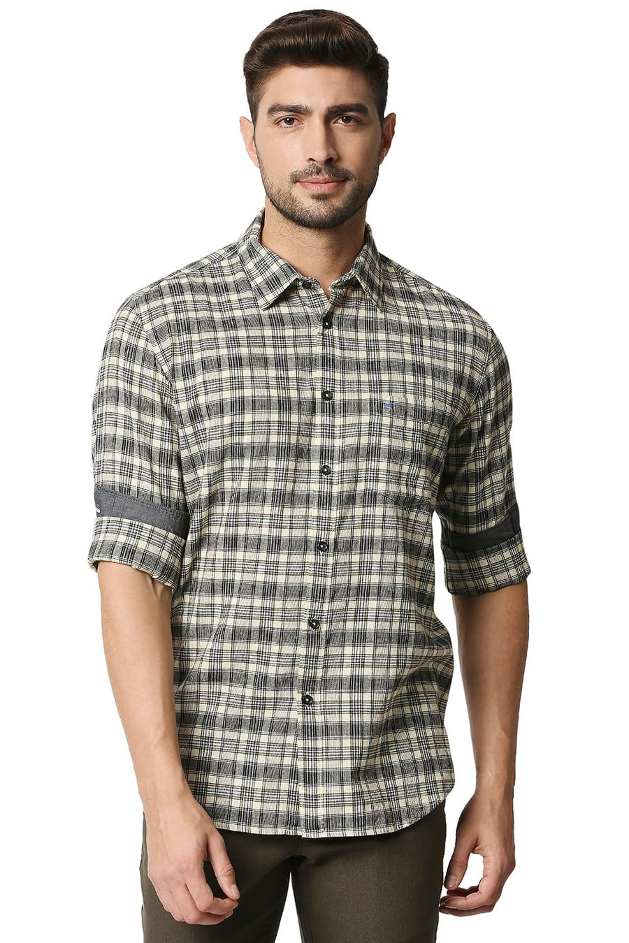 BASICS SLIM FIT BEIGE AFTERGLOW COTTON JUTE CHECKS SHIRT