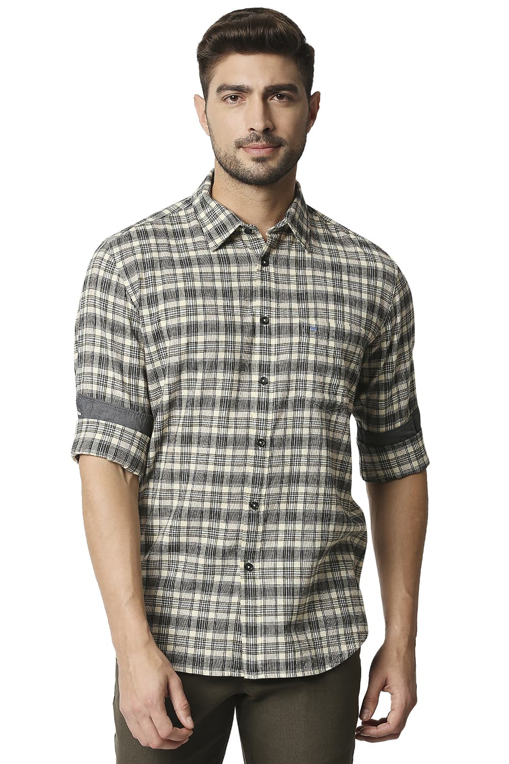 BASICS SLIM FIT COTTON JUTE CHECKS SHIRT