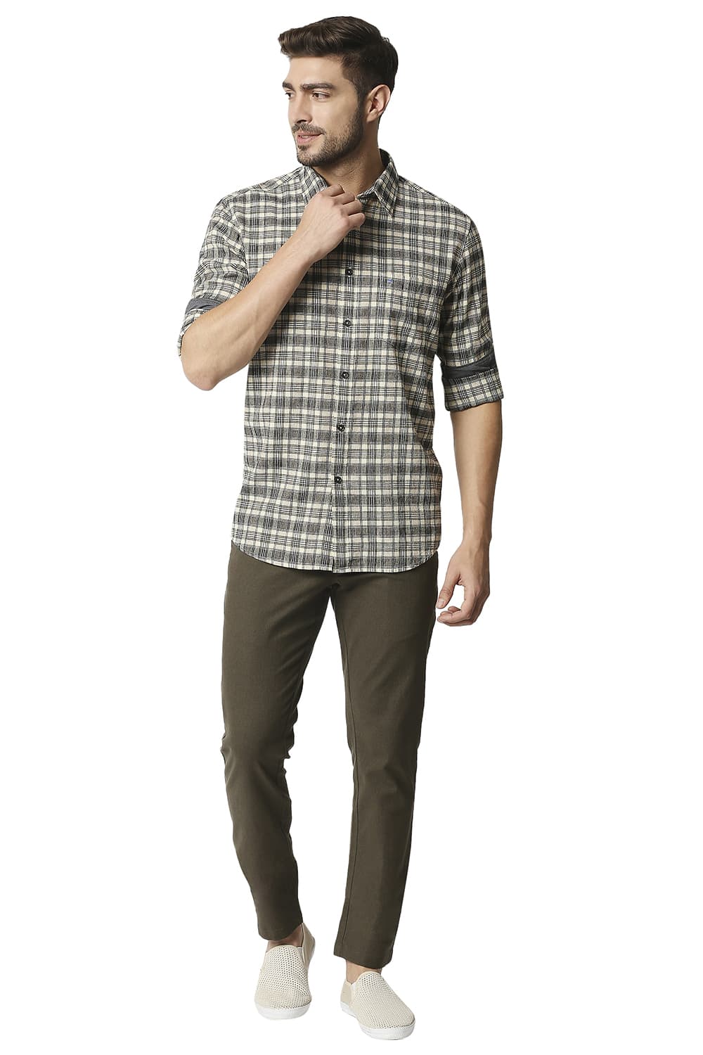 BASICS SLIM FIT COTTON JUTE CHECKS SHIRT