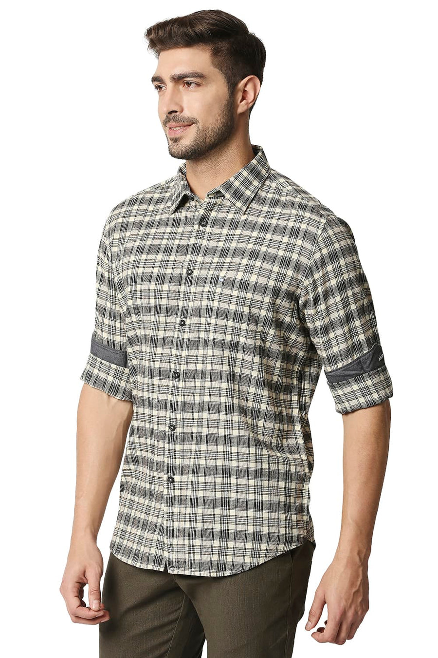 BASICS SLIM FIT BEIGE AFTERGLOW COTTON JUTE CHECKS SHIRT