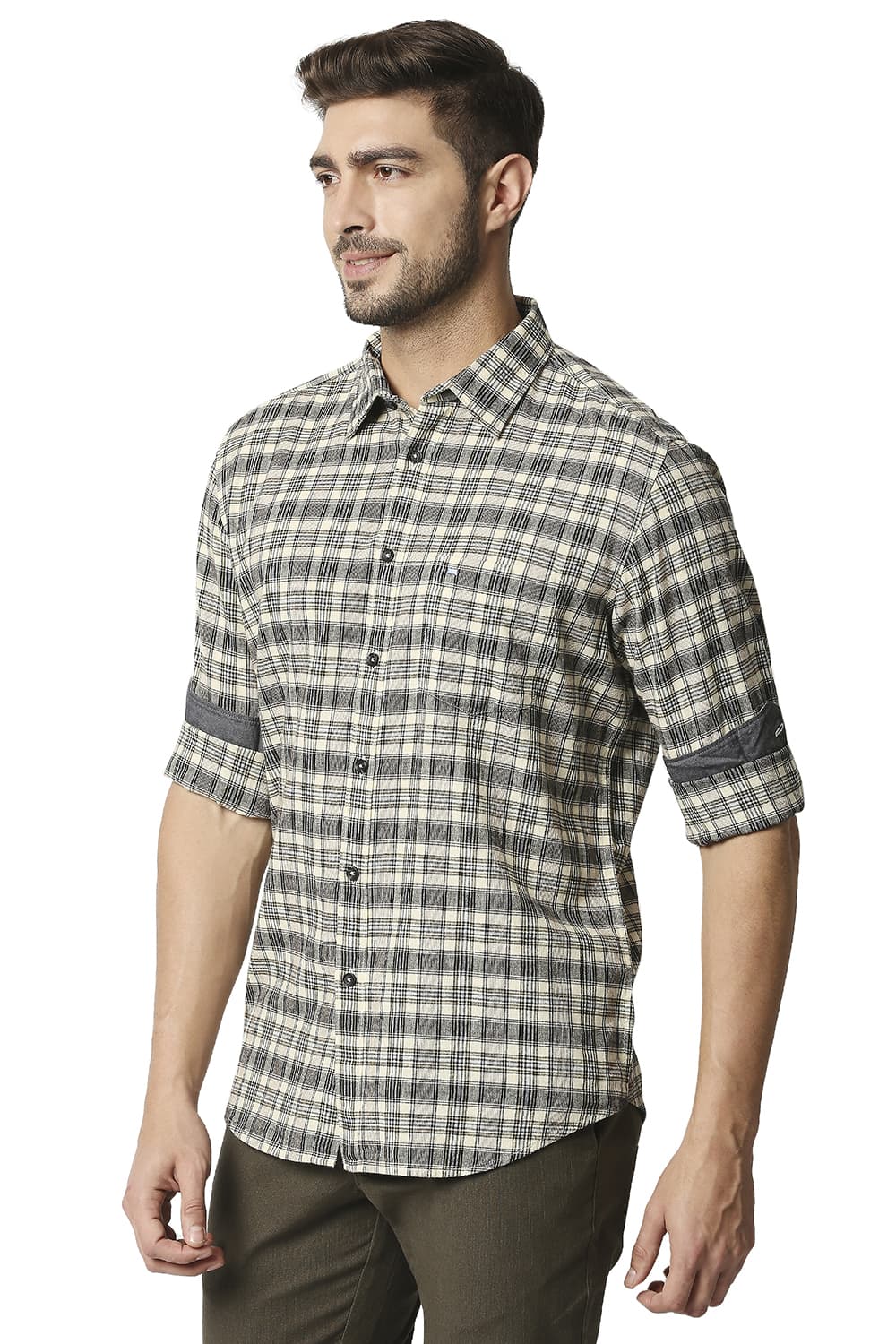 BASICS SLIM FIT COTTON JUTE CHECKS SHIRT