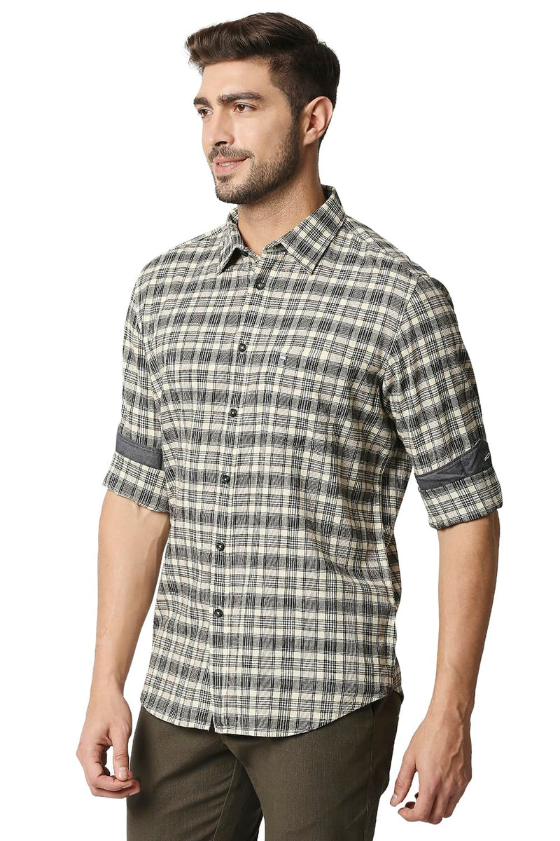 BASICS SLIM FIT COTTON JUTE CHECKS SHIRT