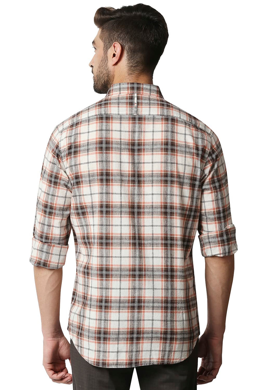 BASICS SLIM FIT BRUNETTE BROWN COTTON JUTE CHECKS SHIRT