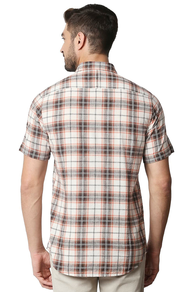 BASICS SLIM FIT COTTON JUTE CHECKS HALFSLEEVES SHIRT