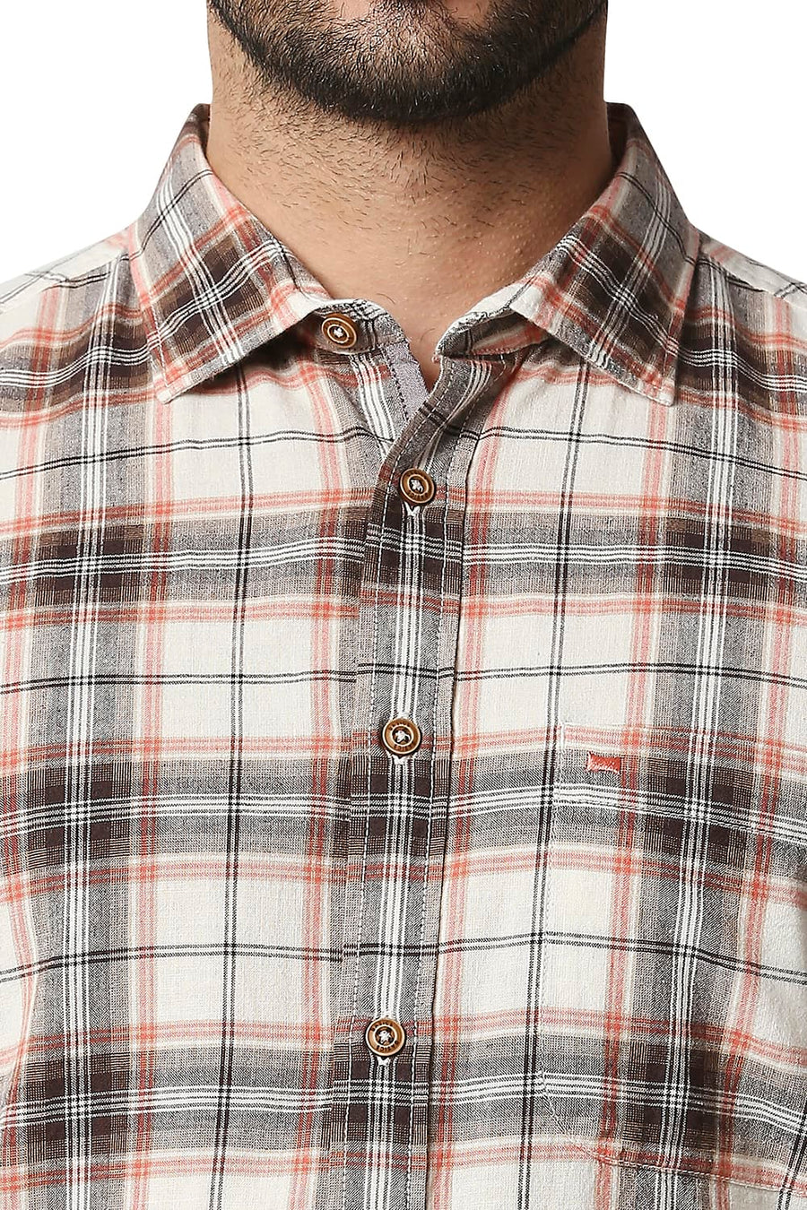 BASICS SLIM FIT BRUNETTE BROWN COTTON JUTE CHECKS SHIRT