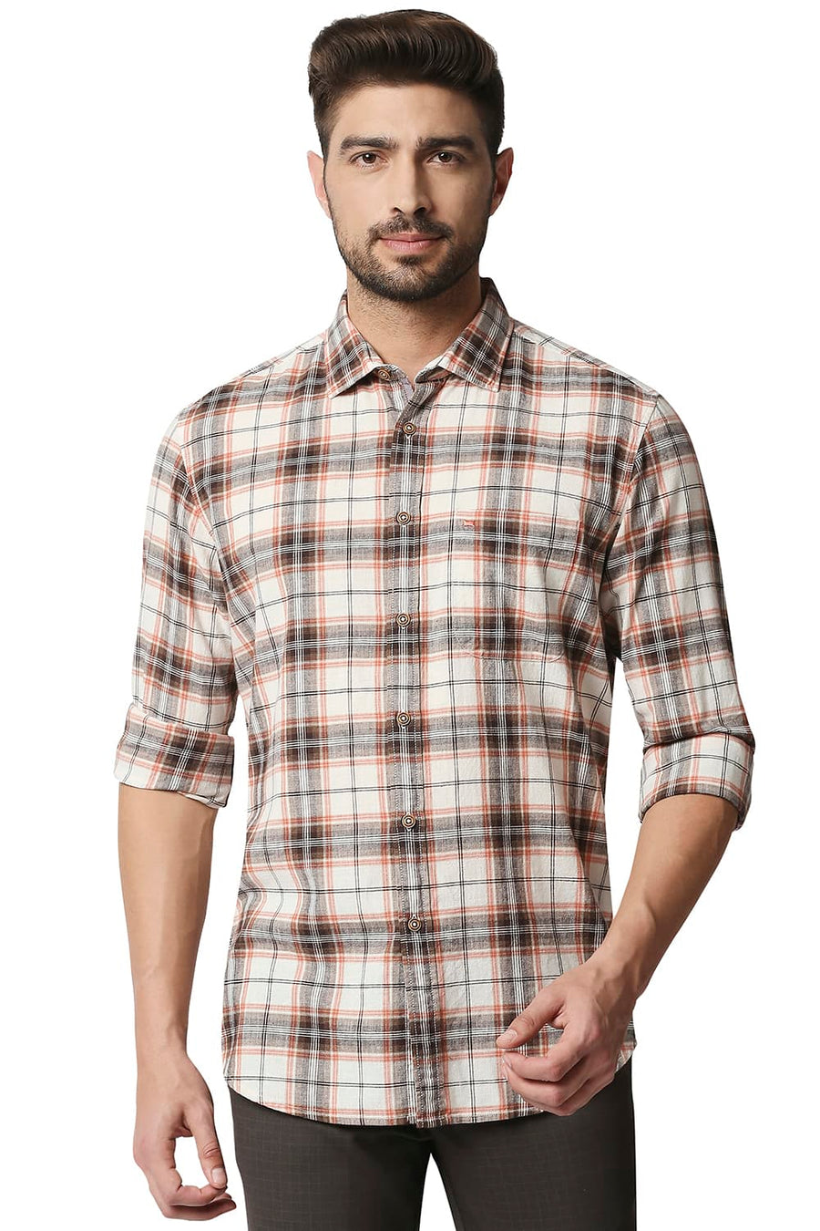 BASICS SLIM FIT BRUNETTE BROWN COTTON JUTE CHECKS SHIRT