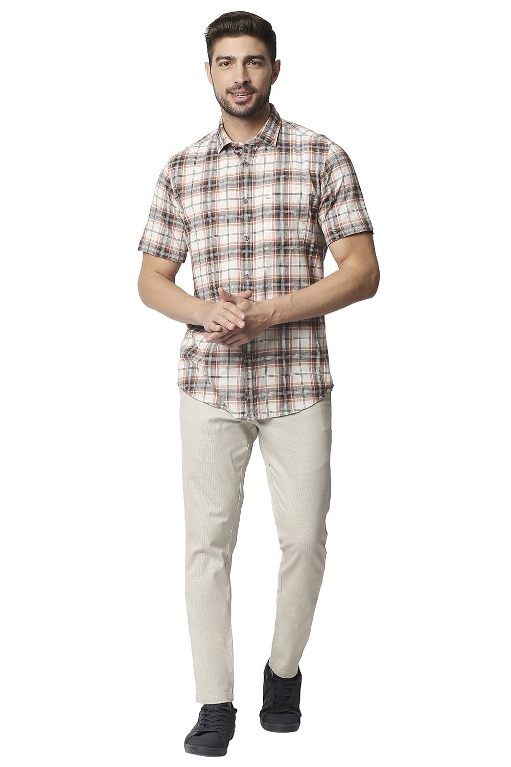 BASICS SLIM FIT COTTON JUTE CHECKS HALFSLEEVES SHIRT