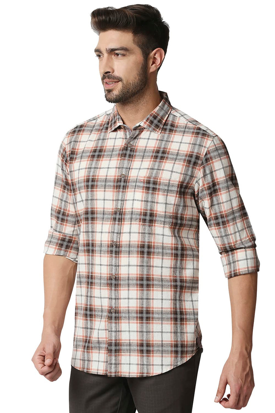 BASICS SLIM FIT BRUNETTE BROWN COTTON JUTE CHECKS SHIRT