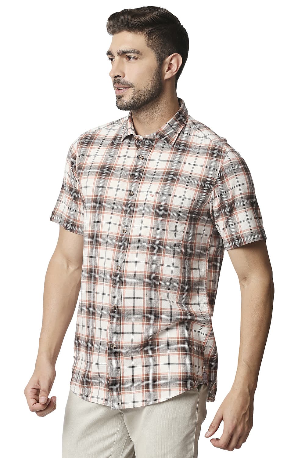 BASICS SLIM FIT COTTON JUTE CHECKS HALFSLEEVES SHIRT