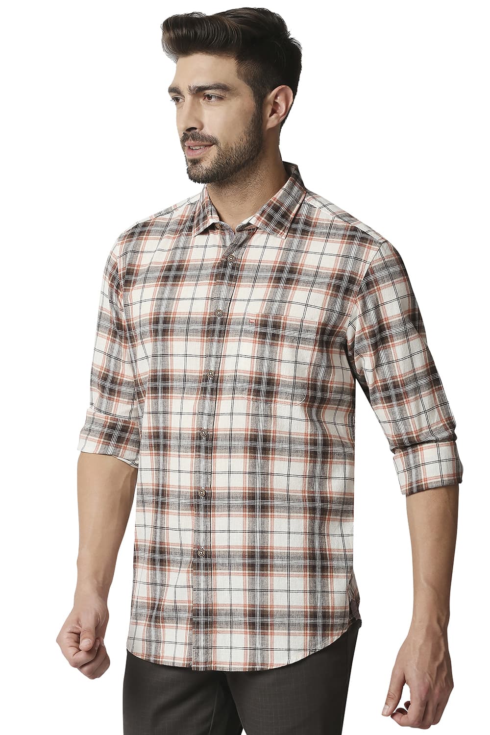 BASICS SLIM FIT COTTON JUTE CHECKS SHIRT