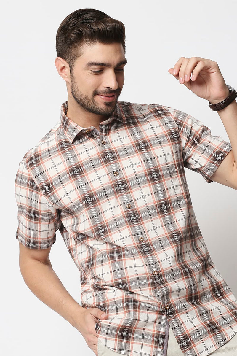 Slim Fit Cotton Jute Checks Halfsleeves Shirt