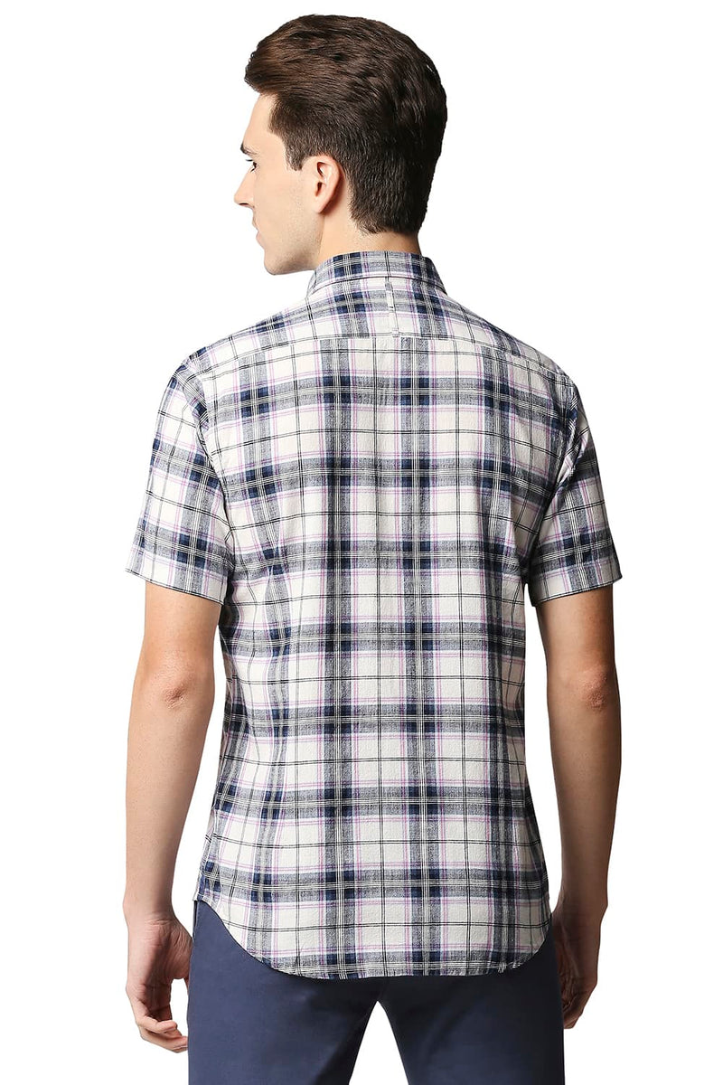 BASICS SLIM FIT COTTON JUTE CHECKS HALFSLEEVES SHIRT