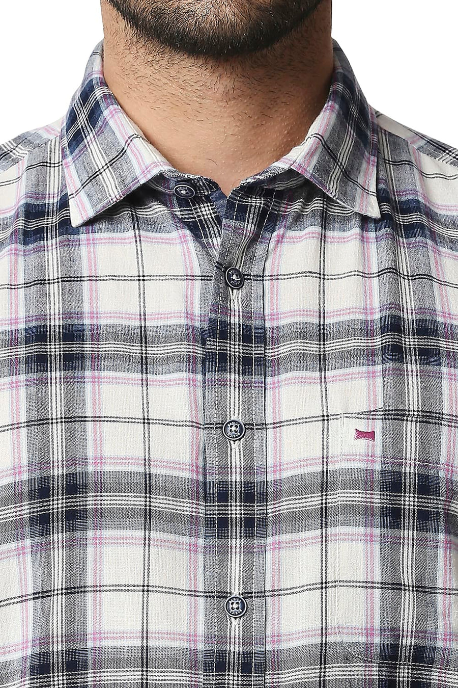 BASICS SLIM FIT INSIGNIA BLUE COTTON JUTE CHECKS SHIRT