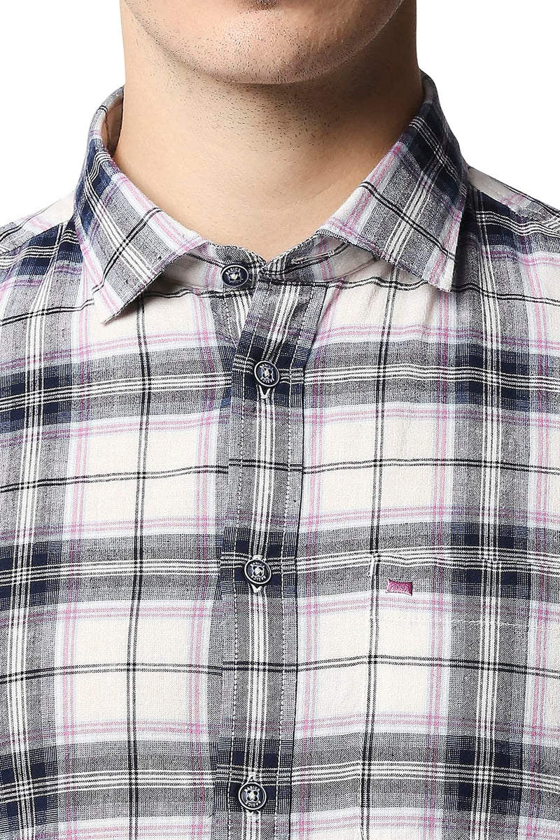 BASICS SLIM FIT COTTON JUTE CHECKS HALFSLEEVES SHIRT