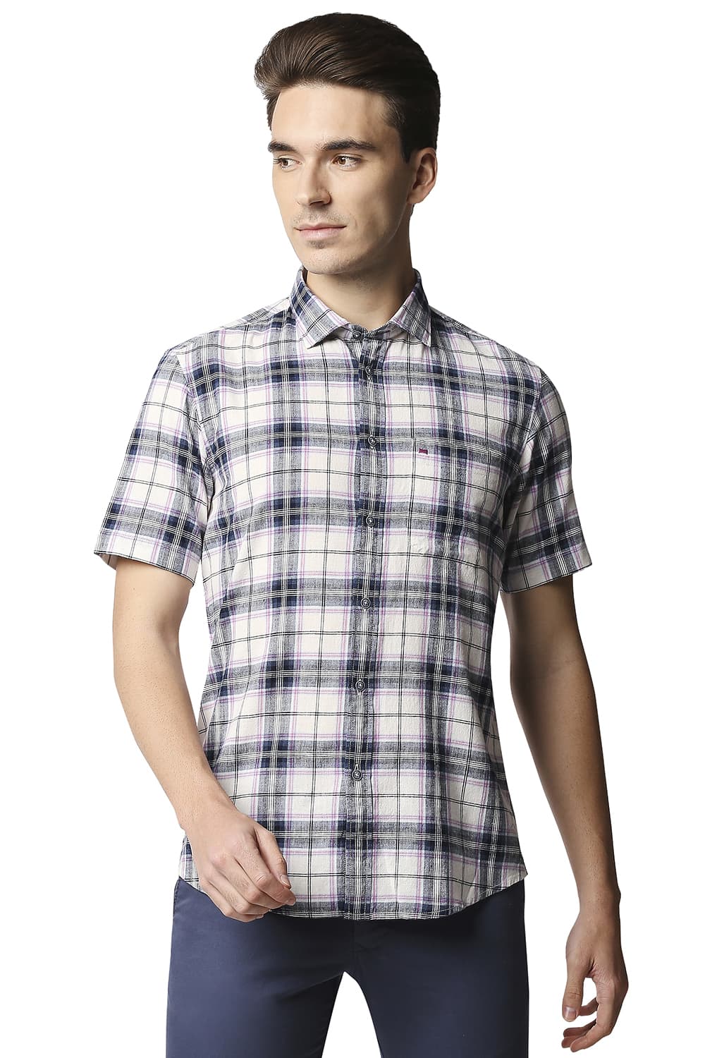 BASICS SLIM FIT COTTON JUTE CHECKS HALFSLEEVES SHIRT