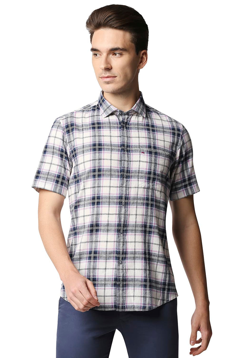 BASICS SLIM FIT COTTON JUTE CHECKS HALFSLEEVES SHIRT