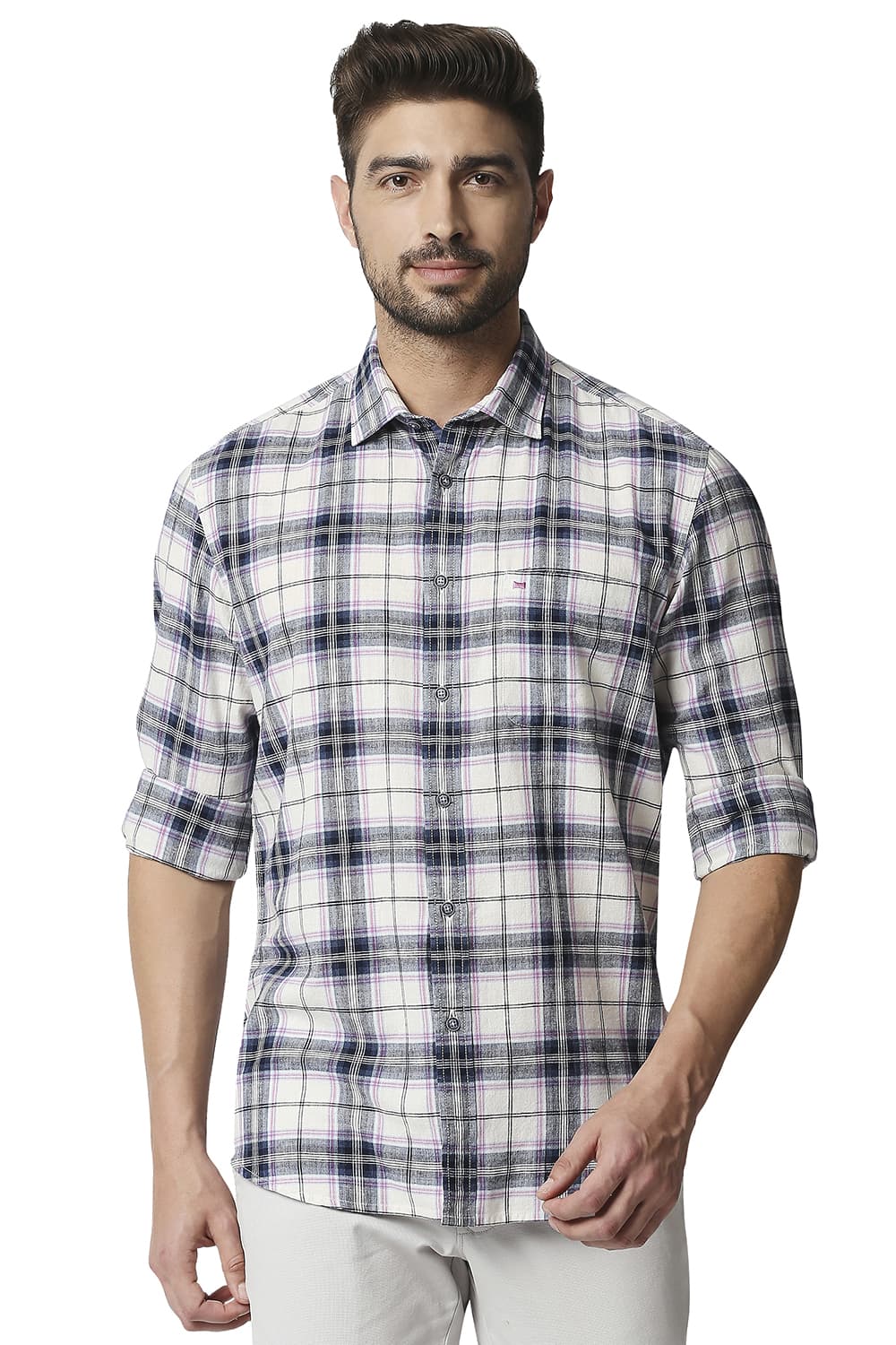 BASICS SLIM FIT COTTON JUTE CHECKS SHIRT