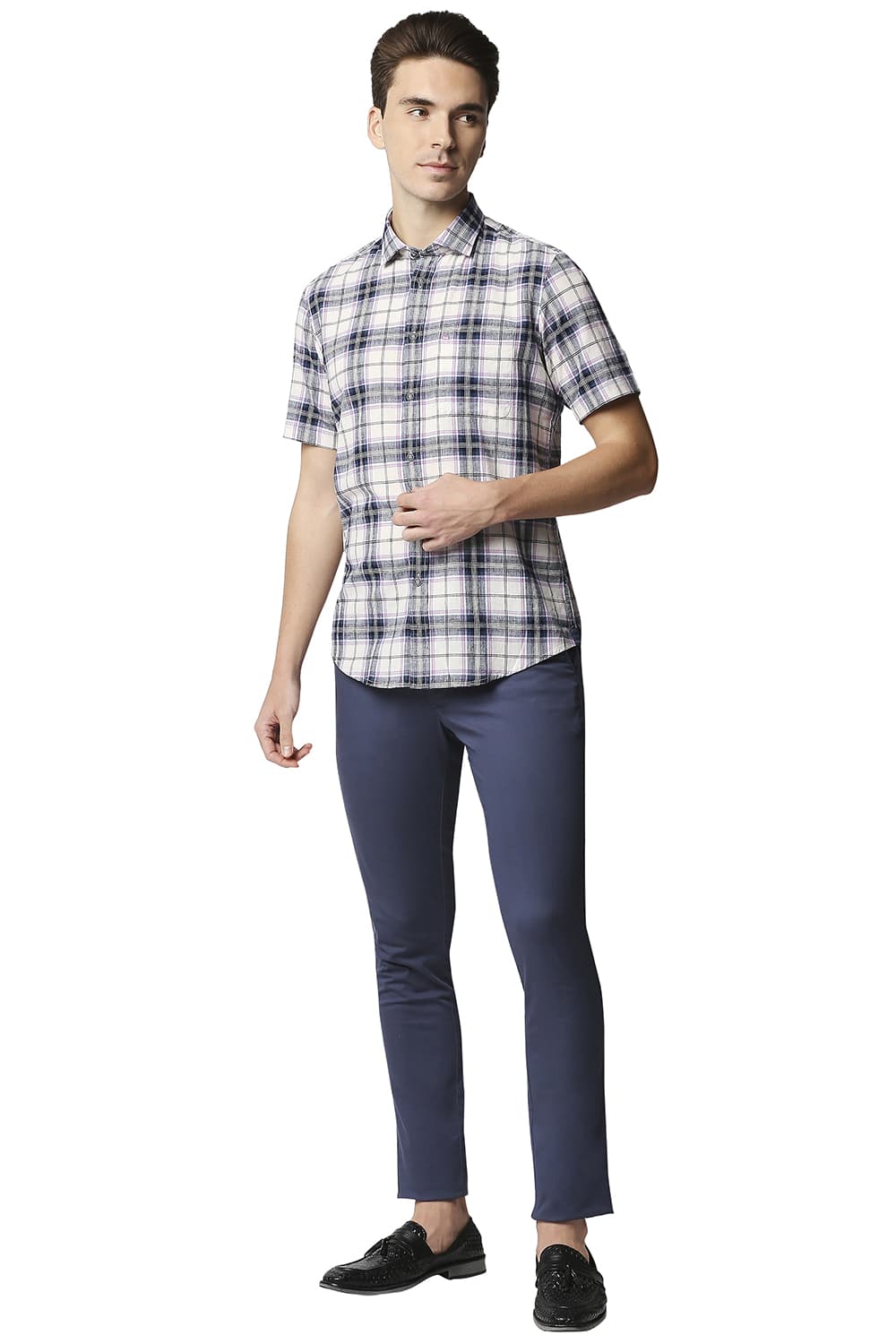 BASICS SLIM FIT COTTON JUTE CHECKS HALFSLEEVES SHIRT