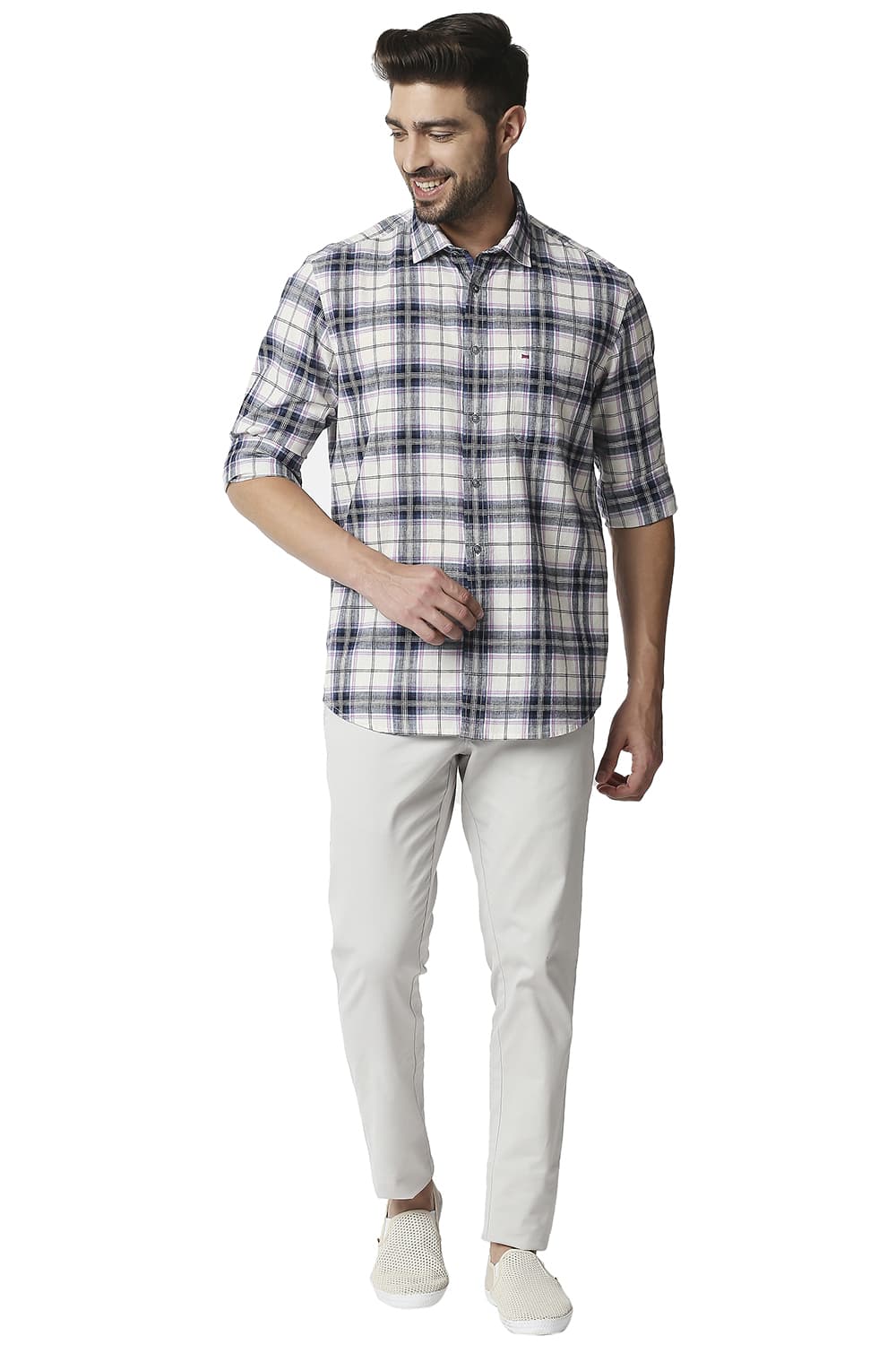 BASICS SLIM FIT COTTON JUTE CHECKS SHIRT