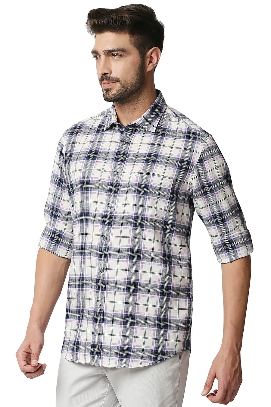 BASICS SLIM FIT INSIGNIA BLUE COTTON JUTE CHECKS SHIRT