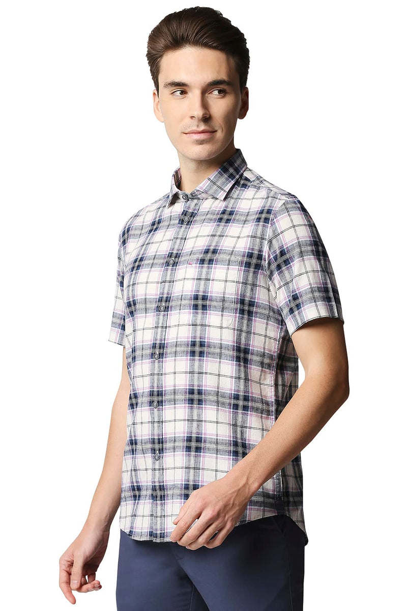 BASICS SLIM FIT COTTON JUTE CHECKS HALFSLEEVES SHIRT