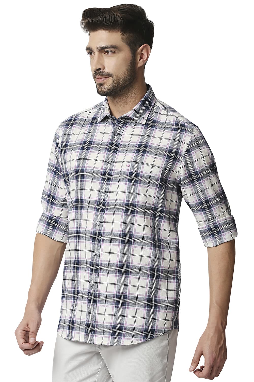 BASICS SLIM FIT COTTON JUTE CHECKS SHIRT