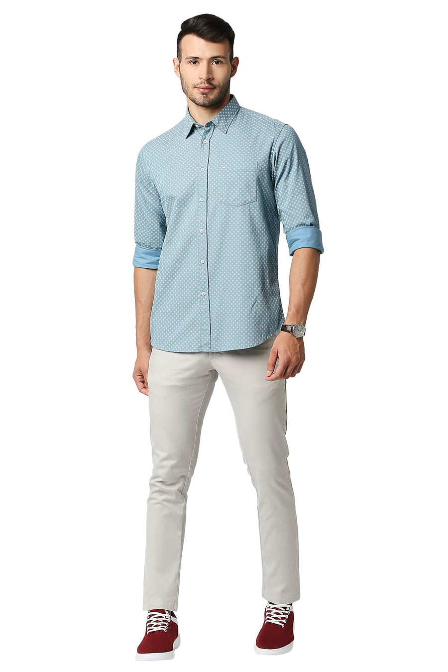 BASICS SLIM FIT ADRIATIC BLUE DOBBY PRINTED SHIRT