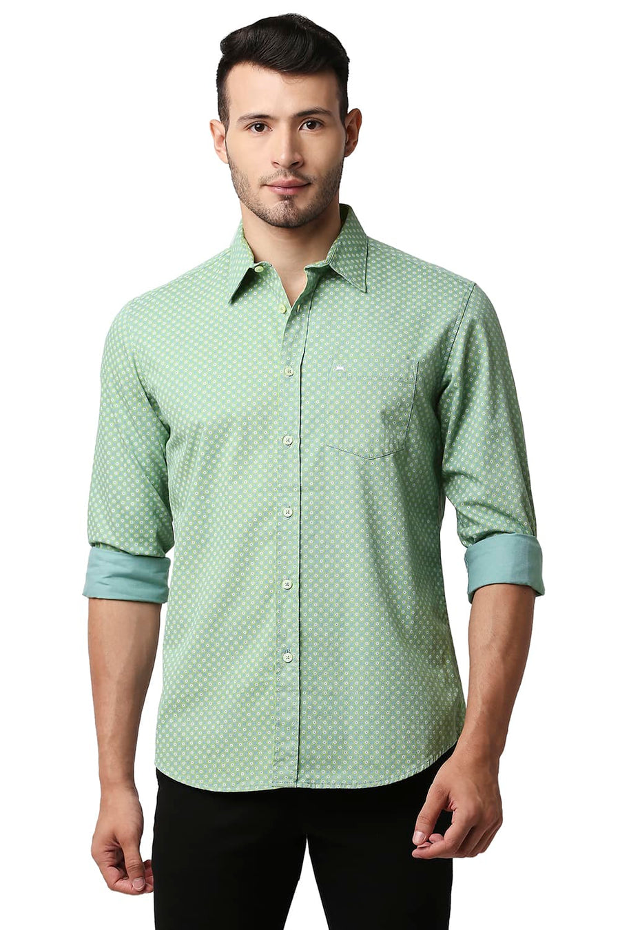 BASICS SLIM FIT GRANITE GREEN DOBBY PRINTED SHIRT