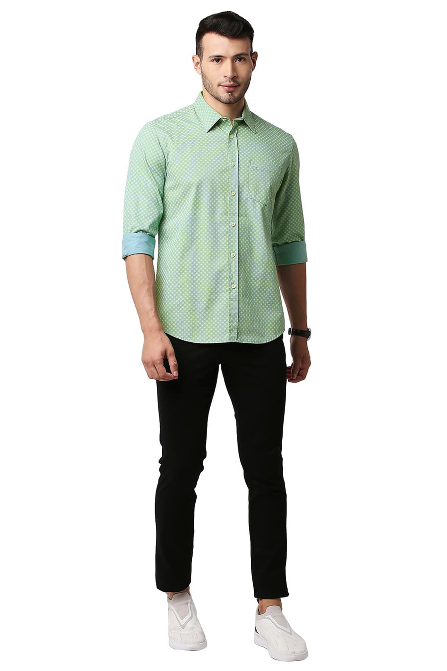 BASICS SLIM FIT GRANITE GREEN DOBBY PRINTED SHIRT
