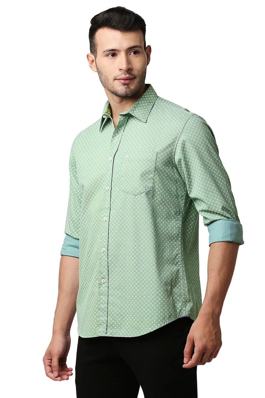 BASICS SLIM FIT GRANITE GREEN DOBBY PRINTED SHIRT