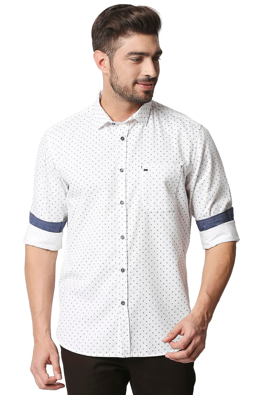 BASICS SLIM FIT SNOW WHITE DOBBY PRINTED SHIRT