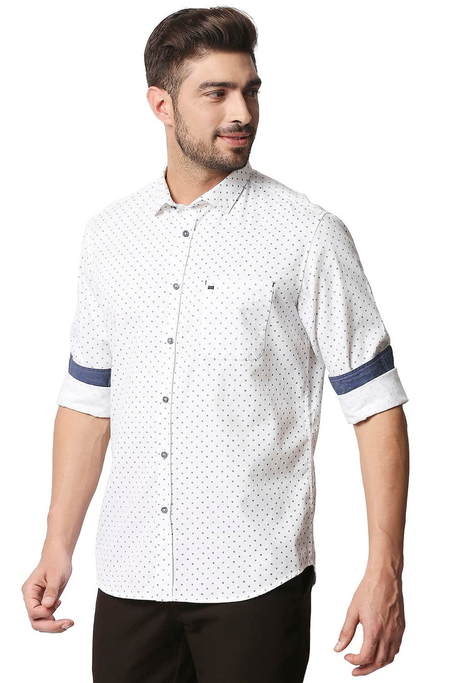 BASICS SLIM FIT SNOW WHITE DOBBY PRINTED SHIRT