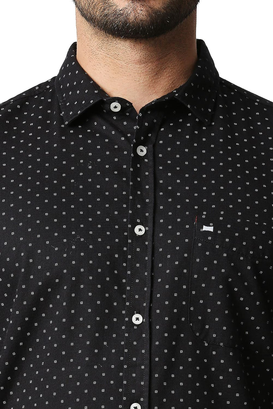 BASICS SLIM FIT ANTHRACITE BLACK DOBBY PRINTED SHIRT