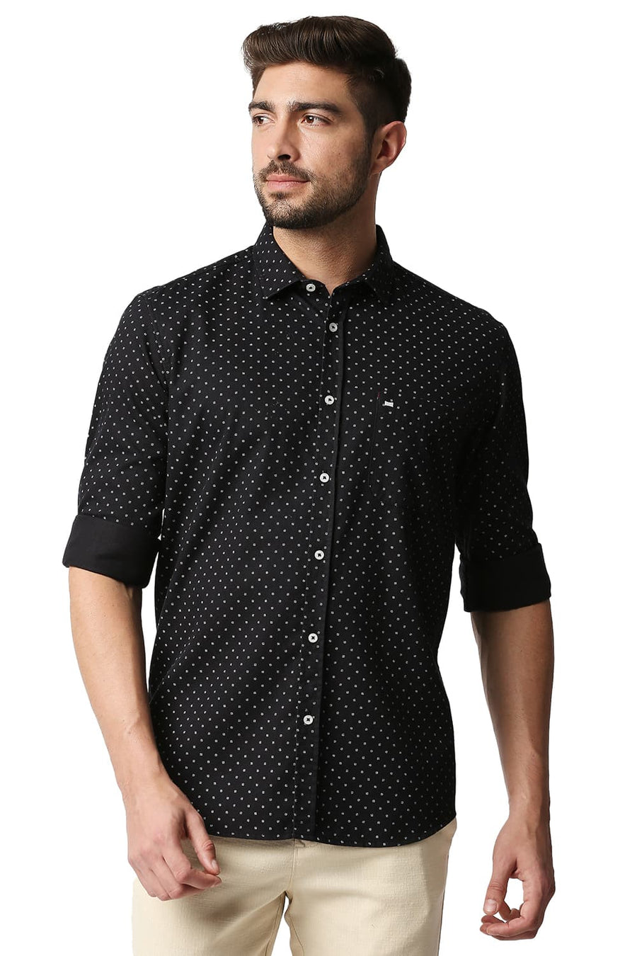 BASICS SLIM FIT ANTHRACITE BLACK DOBBY PRINTED SHIRT