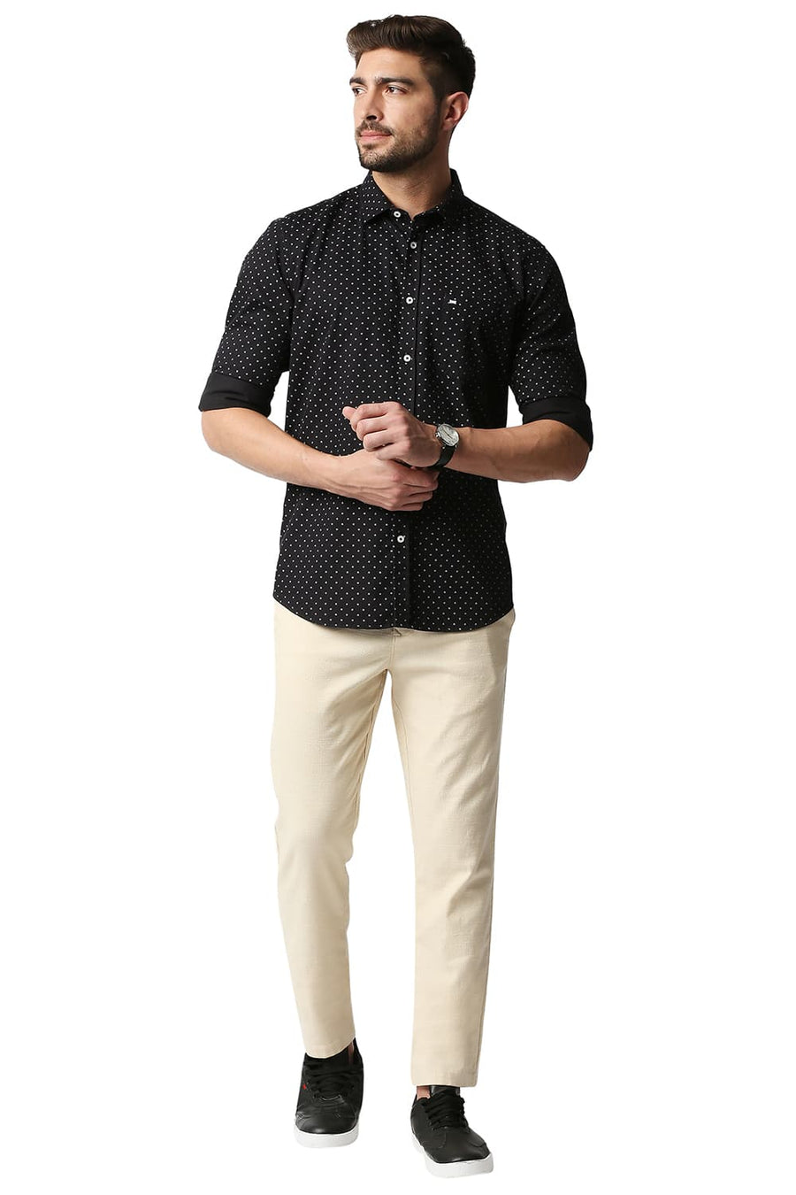 BASICS SLIM FIT ANTHRACITE BLACK DOBBY PRINTED SHIRT