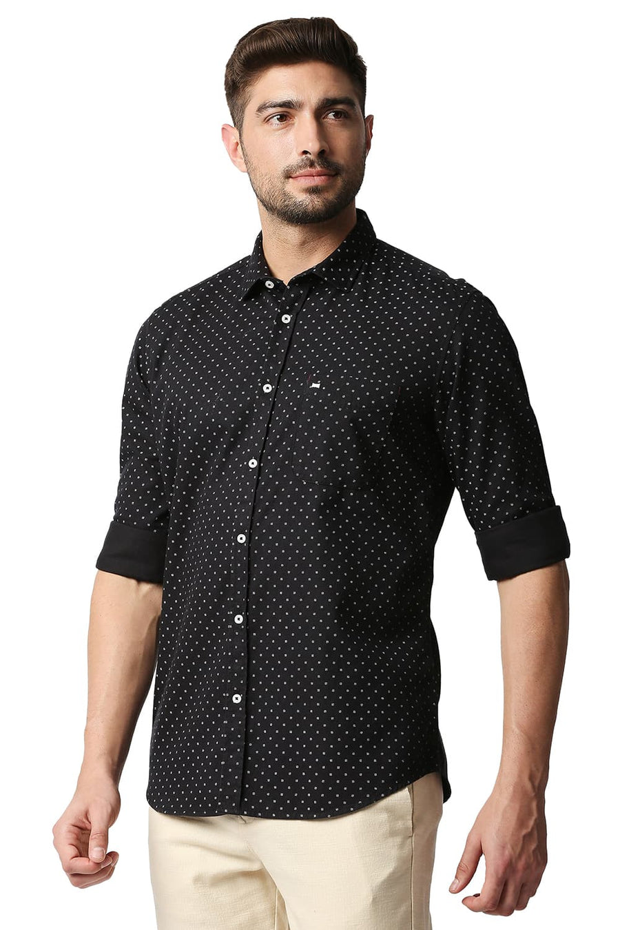 BASICS SLIM FIT ANTHRACITE BLACK DOBBY PRINTED SHIRT