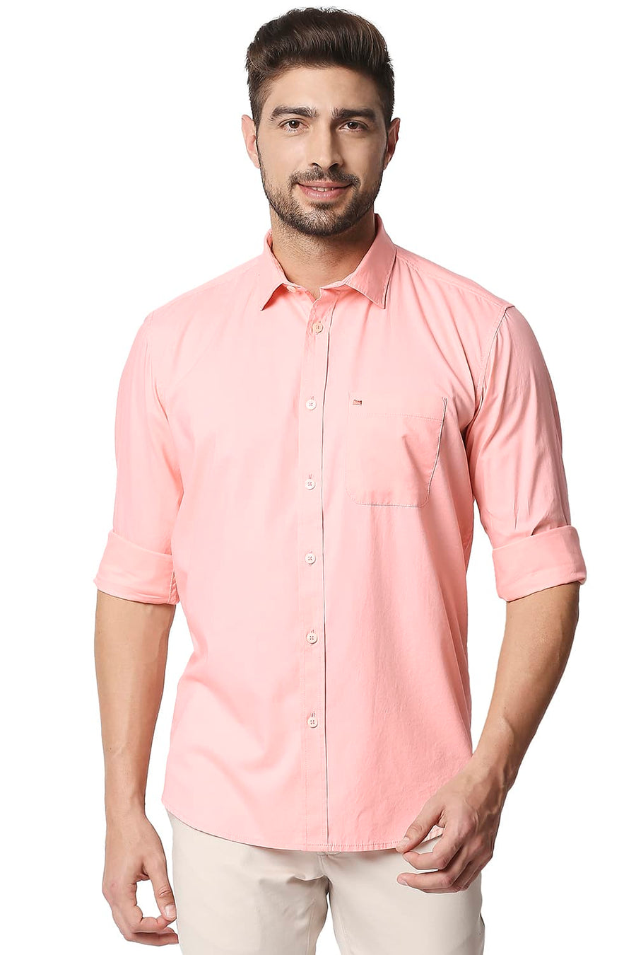 BASICS SLIM FIT PEACH BUD INK OXFORD SHIRT