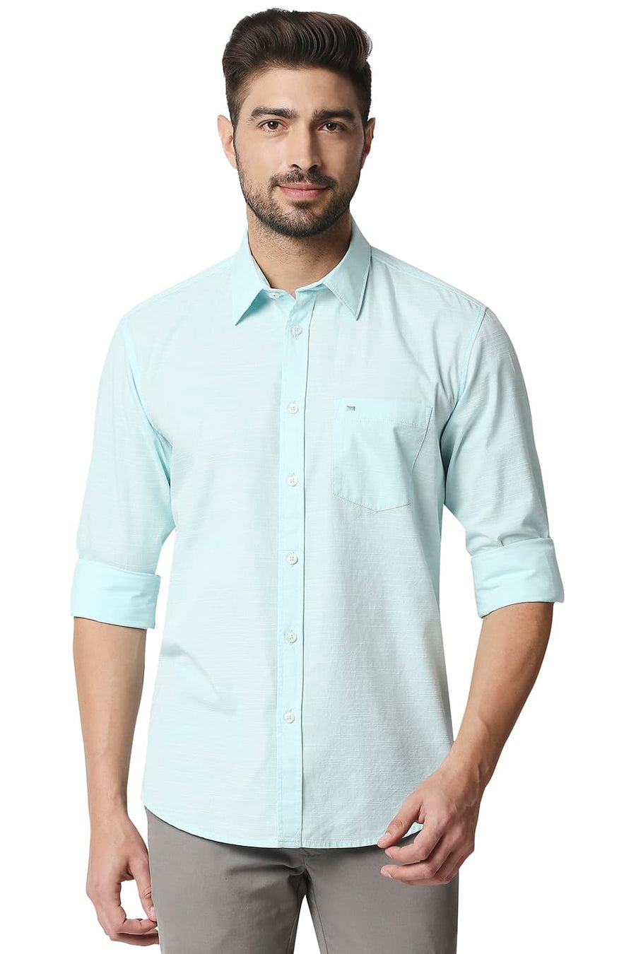 BASICS SLIM FIT AQUA PLUME SLUB SHIRT