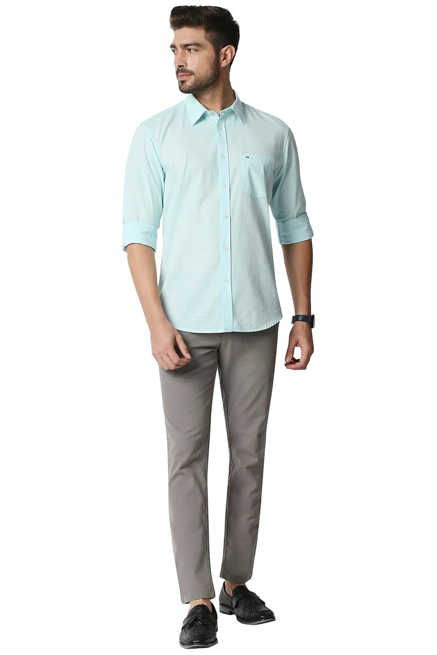BASICS SLIM FIT AQUA PLUME SLUB SHIRT