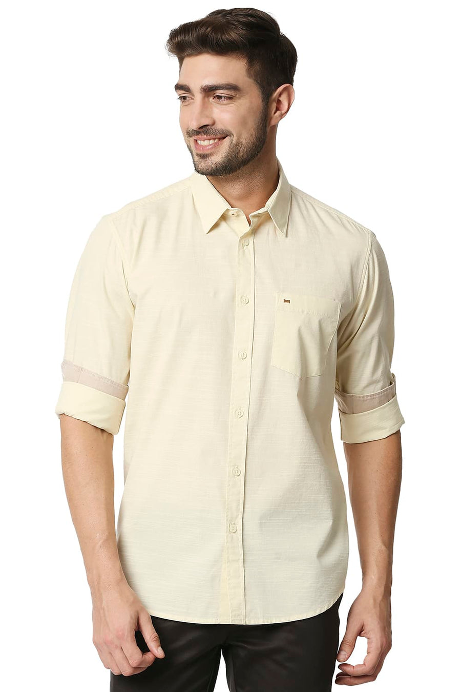 BASICS SLIM FIT AFTER GLOW YELLOW SLUB SHIRT