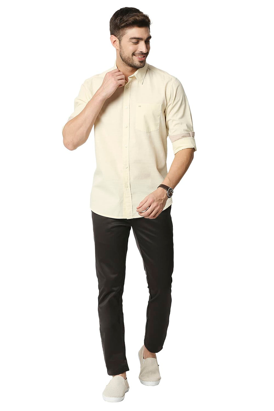 BASICS SLIM FIT AFTER GLOW YELLOW SLUB SHIRT
