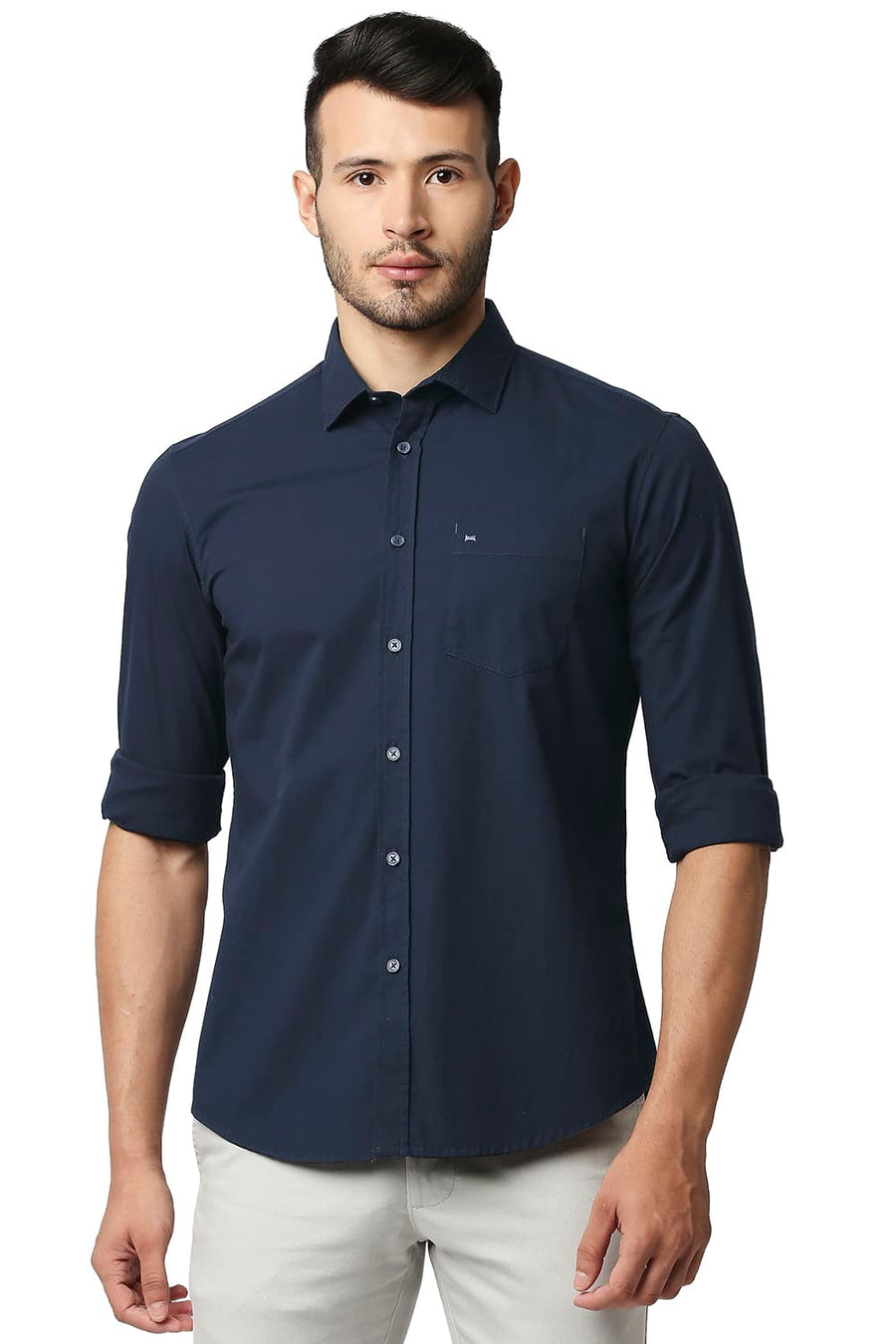 BASICS SLIM FIT NAVY NIGHTS POPLIN STRETCH SHIRT