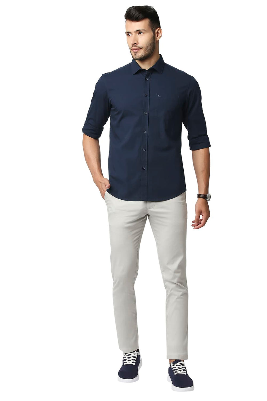 BASICS SLIM FIT NAVY NIGHTS POPLIN STRETCH SHIRT